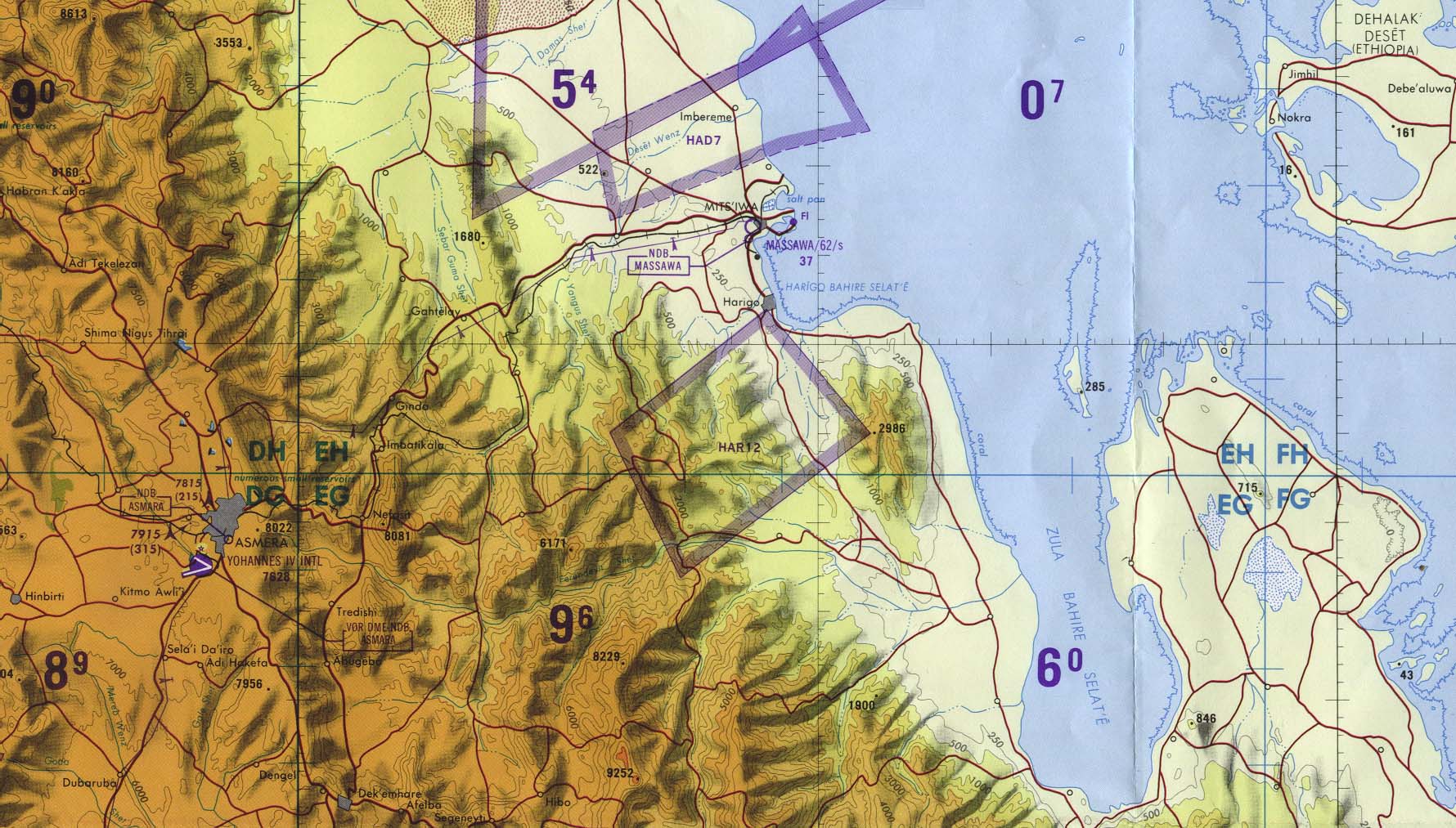 Map Of Eritrea Asmara/massawa Area (tactical pilotage chart) original scale 1:500,000 Portion of Defense Mapping Agency TPC K-5B 1988 (331K) Not for natigational use 