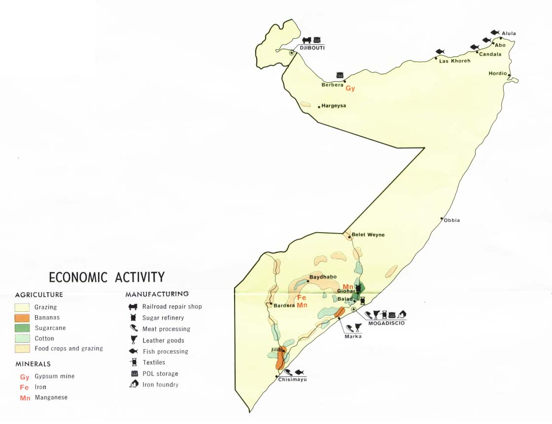 Map Of Somalia Economic Activity from Somalia and Djibouti Map, CIA 1977 (61K) 