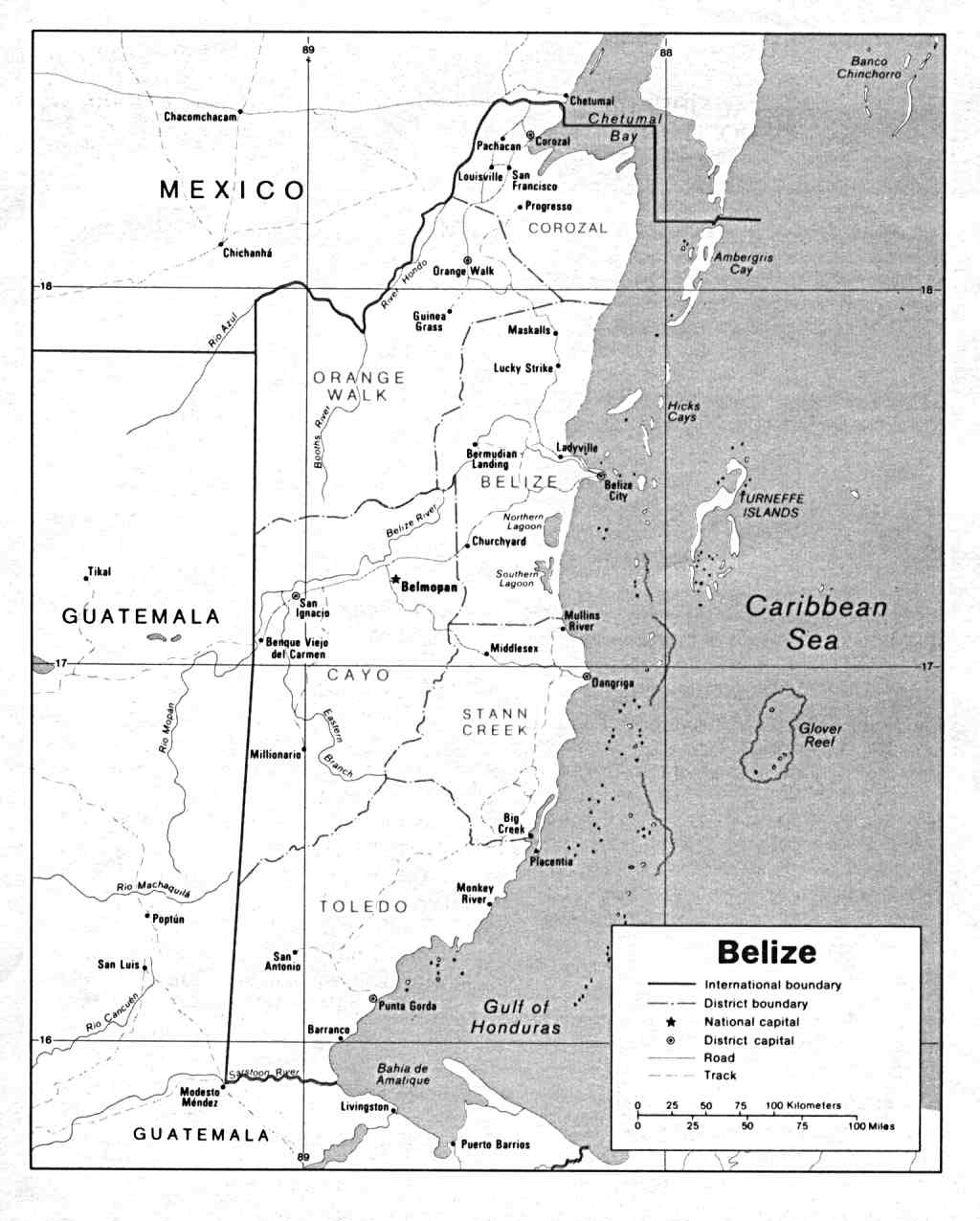 Map Of Belize, Belize [Political Map] U.S. Department of State 1990 (91K) 