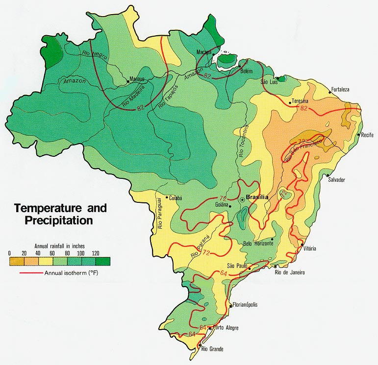 Brazil - Temperature and Precipitation from Map No. 503241 1977, Perry-Castañeda Library Map Collection, Univ. of Texas