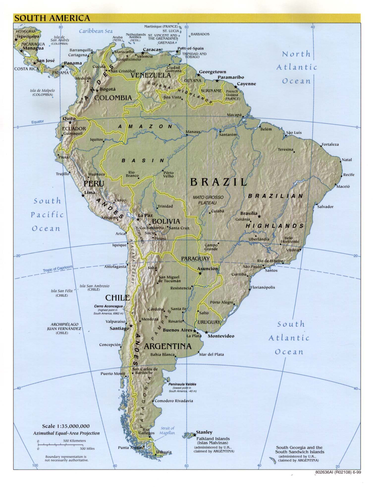 Map Of South America Continent. South America (Reference Map) 1999 Larger JPEG Image (267K)