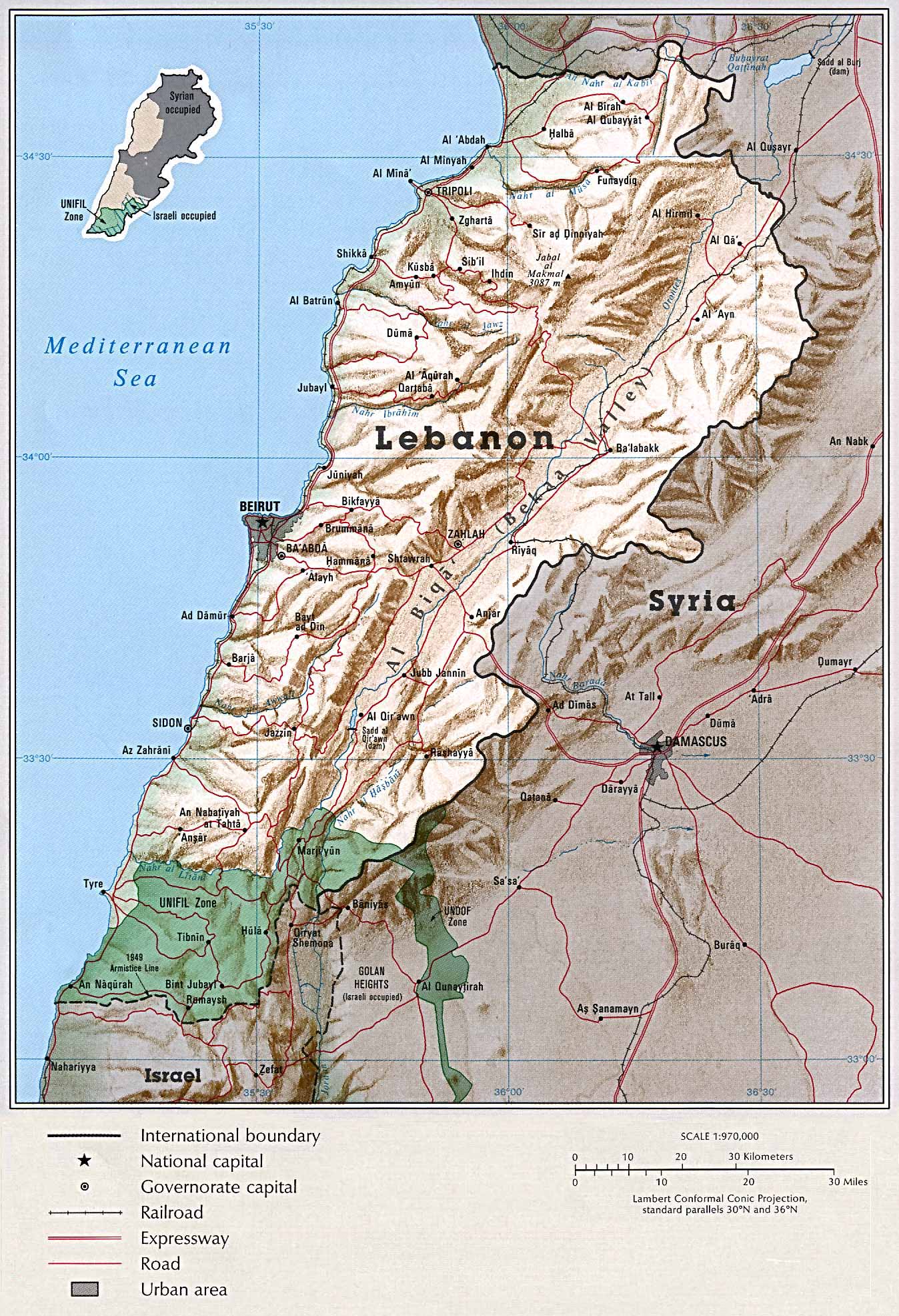 Map of Lebanon Lebanon [Shaded Relief Map] From Atlas of the Middle East 1993 (604k) 