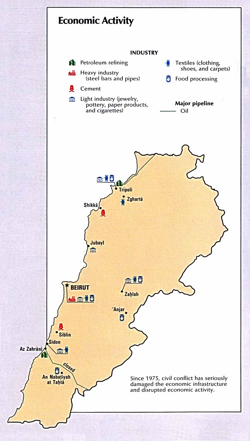 Map of Lebanon Lebanon - Economic Activity From Atlas of the Middle East 1993 (148k) 