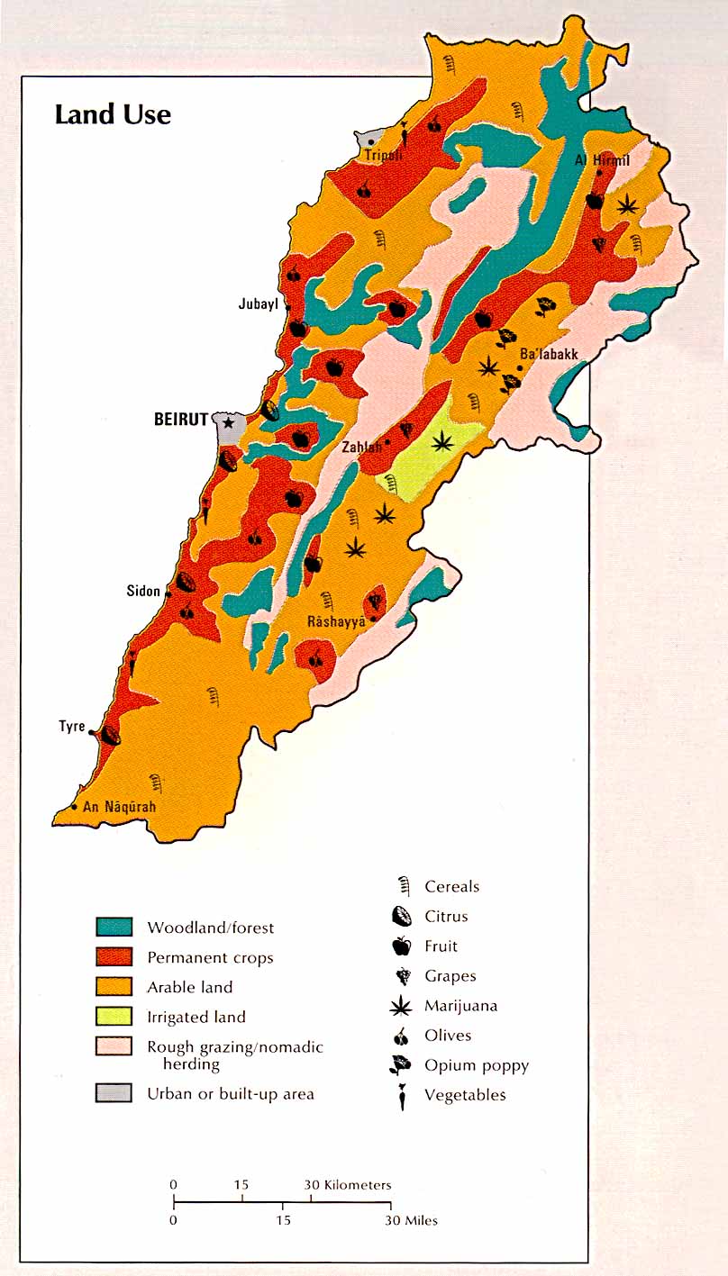 Map of Lebanon Lebanon - Land Use From Atlas of the Middle East 1993 (126k) 