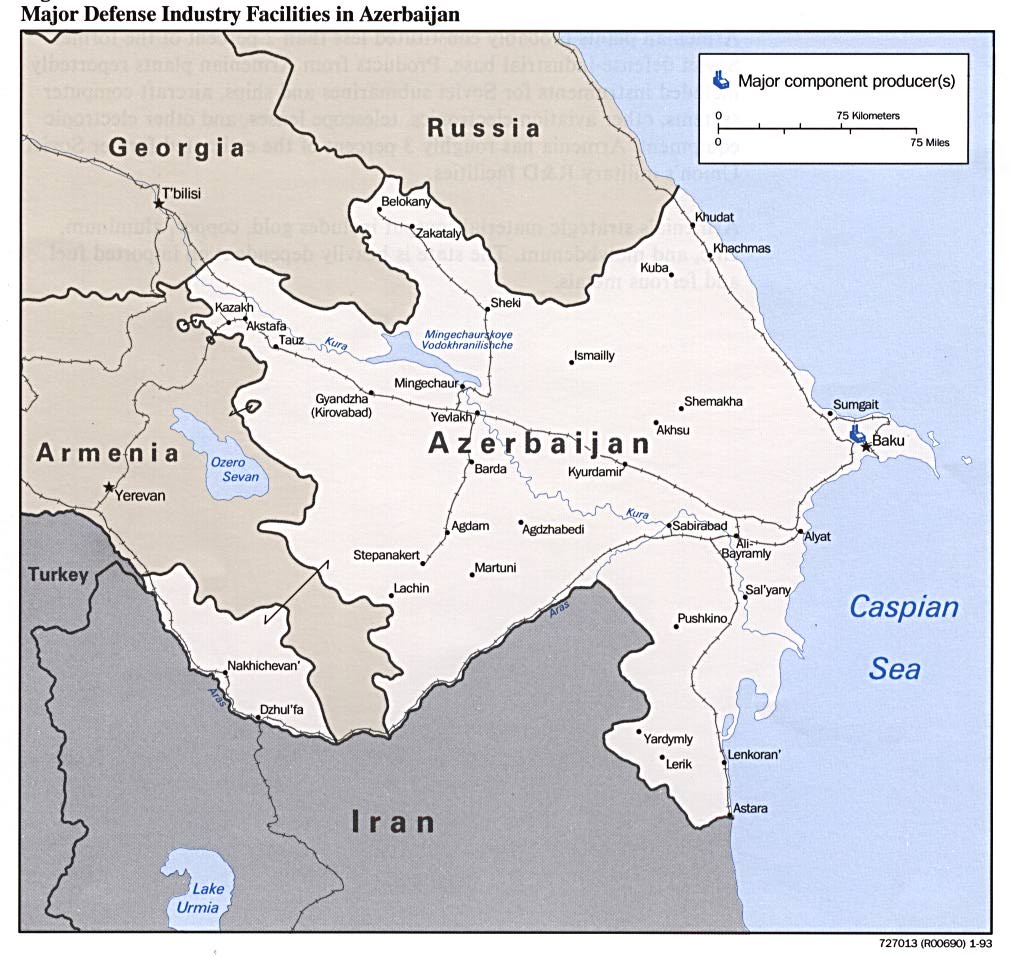 Map Of Azerbaijan- Major Defense Industry Facilities in Azerbaijan from Defense Industries of the Newly Independent States of Eurasia. 1993 (146K)