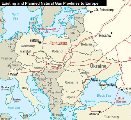 Istniejące i planowane gazociągi z Rosji do reszty Europy