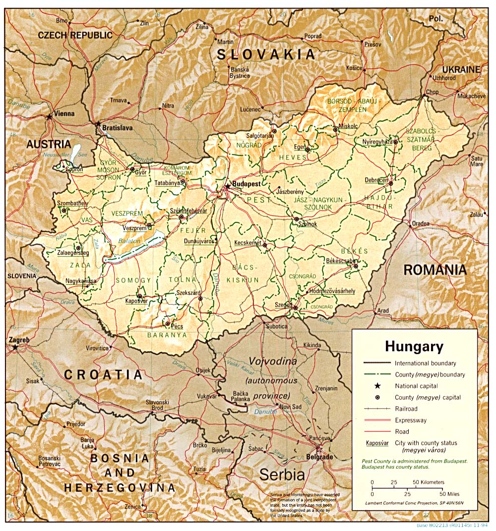 Map Of Hungary , Hungary [Shaded Relief Map] 1994 (336K) 