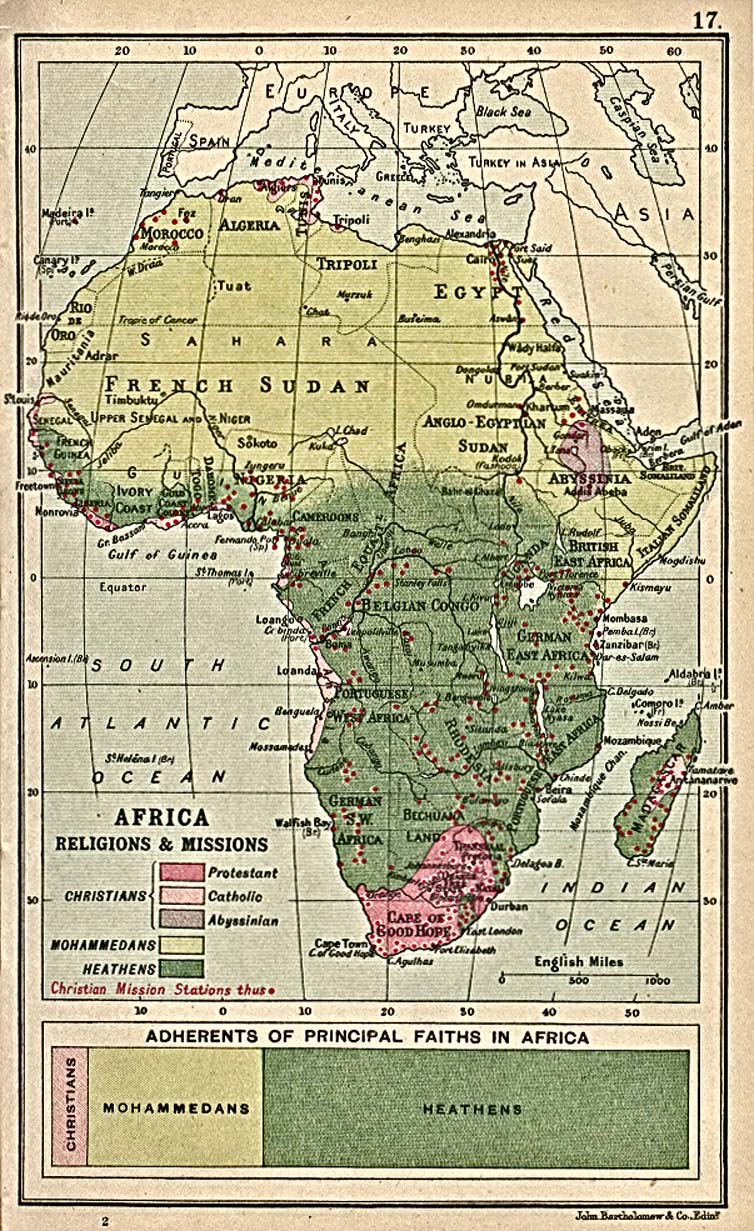 Map from University of Texas library.  http://www.lib.utexas.edu/maps/historical/africa_religion_1913.jpg
