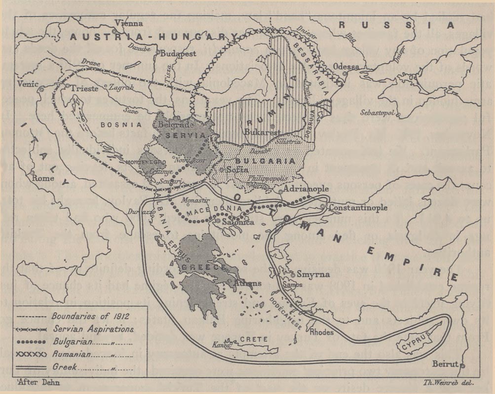 Historical Map of Balkans. Balkan Aspirations [showing boundaries of 1912] (153K) Map from "Report of the International Commission To Inquire into the Causes and Conduct of the Balkan Wars" 1914. "There was hardly any part of the territory of Turkey in Europe which was not claimed by at least two competitors."--Report of the International Commission To Inquire into the Causes and Conduct of the Balkan Wars, Carnegie Endowment for International Peace, 1914, p.38. 