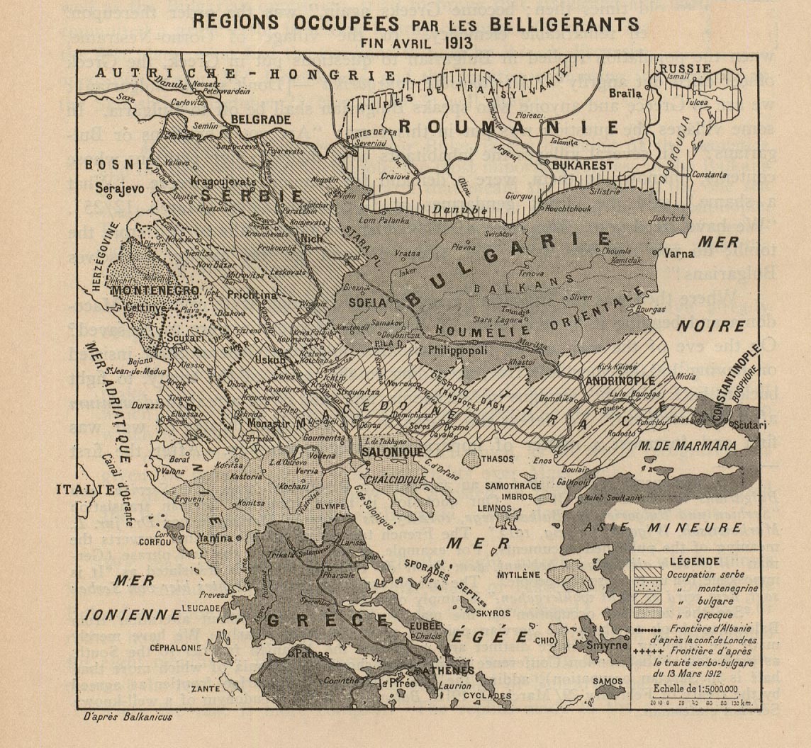 Historical Map of Balkans. Regions Occupees par les Belligerants fin Avril 1913 (365K) . Map from "Report of the International Commission To Inquire into the Causes and Conduct of the Balkan Wars" 1914. [This map shows areas occupied by Balkan armies at the end of April 1913: (Serbian, Montenegrin, Bulgarian, Greek)]. "War began with the declaration of Montenegro on 8 October [1912], and, within a few months, to the amazement of Europe, the Turkish forces had collapsed."--quote from: Great Britain. Naval Intelligence Division, Geographical Handbook Series: Jugoslavia, Volume II, 1944, p. 114. 