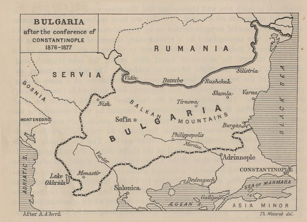 Historical Map of Balkans. Bulgaria after the Conference of Constantinople 1876-1877 (124K) Map from "Report of the International Commission To Inquire into the Causes and Conduct of the Balkan Wars" 1914. 