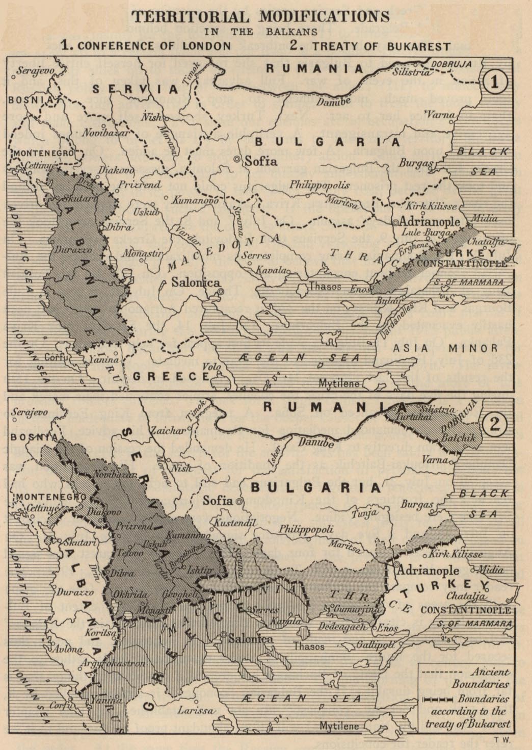 Historical Map of Balkans. Territorial Modifications in the Balkans - Conference of London [May 1913] and Treaty of Bukarest [August 1913] (281K) Map from "Report of the International Commission To Inquire into the Causes and Conduct of the Balkan Wars" 1914. "The Treaty of London (30 May 1913) ceded to the Balkan allies all territories 'west of a line drawn from Enos on the Aegean Sea to Midia on the Black Sea, with the exception of Albania. It was not only a defeat of the military forces of the Turkish empire, but a defeat of the Austrian dream of Drang nach Osten. ...Austria-Hungary and Italy, rather than see Albania partitioned between Slav states on the north and Greece on the south, had succeeded in blocking Serbian access to the Adriatic by proposing the creation of an autonomous Albania." --quote from: Great Britain. Naval Intelligence Division, Geographical Handbook Series: Jugoslavia, Volume II, 1944, p. 114. 