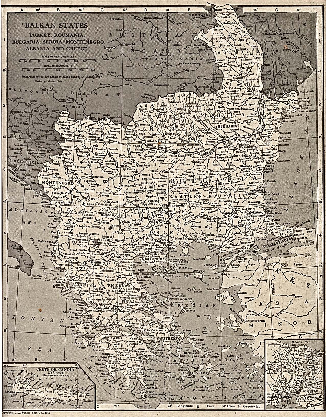 Historical Map of Balkan, Balkan States: Turkey, Roumania, Bulgaria, Serbia, Montenegro, Albania and Greece 1917 (860K)
From The New Encyclopedic Atlas And Gazetteer Of The World, edited and revised by Francis J. Reynolds, P.F. Collier and Son Publishers, New York, 1917.
