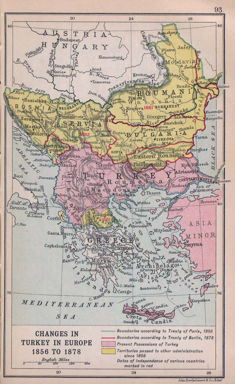 Historical Map of Balkan Changes in Turkey in Europe 1856 to 1878 (201K) From 'Literary and Historical Atlas of Europe', by J.G. Bartholomew, 1912.
