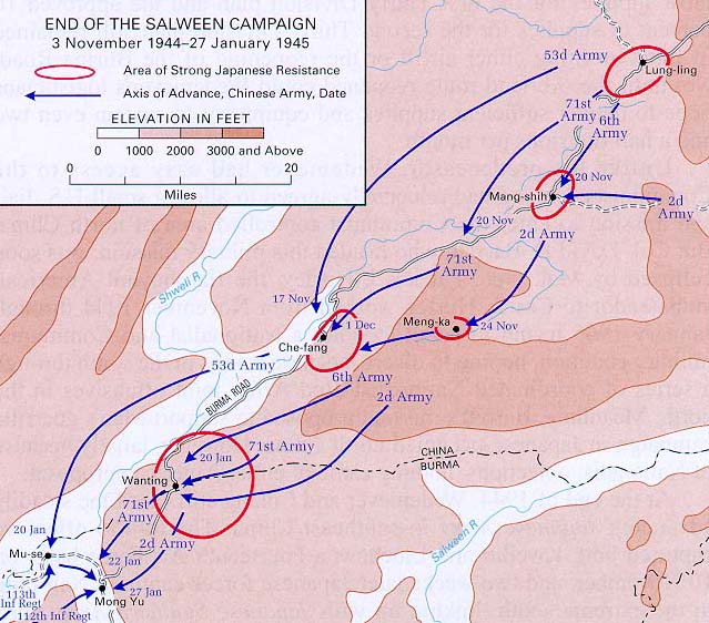 Historical Maps of World War II , China - End of The Salween Campaign, 3 November 1944 - 27 January 1945 From the China Defensive Campaign Brochure by Mark D. Sherry (129K) 