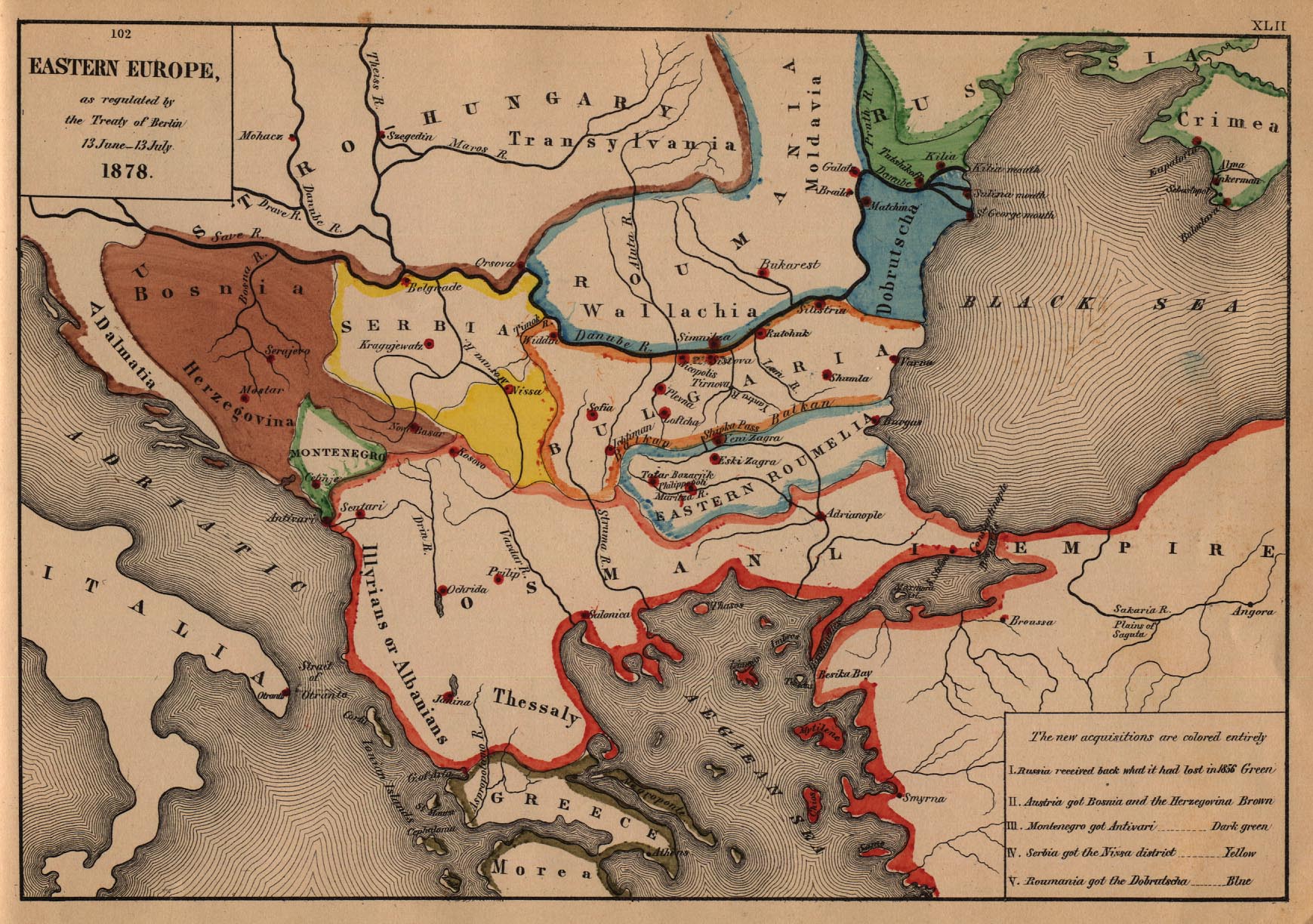 Historical Map of Balkans. Eastern Europe 1878 (468K) Map from "An Historical Atlas" by Robert H. Labberton, E. Elaxton and Co., 1884. 
