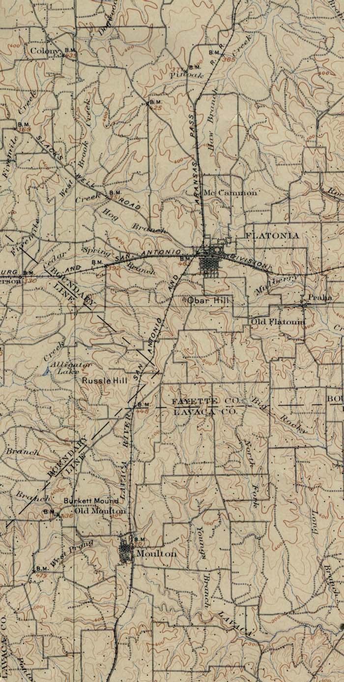 Historical Maps of Texas Cities. Flatonia 1901 [Topographic Map] Original Scale 1:125,000. Portion of Texas Flatonia Quadrangle, U.S.G.S. 1901. (205K) 