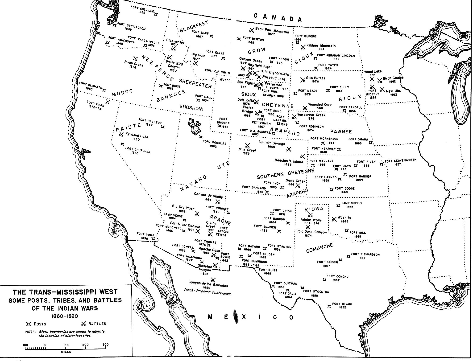 Historical Maps of United States. 1860-1890 - The Trans-Mississippi West Some Posts, Tribes, and Battles of the Indian Wars (452K) 