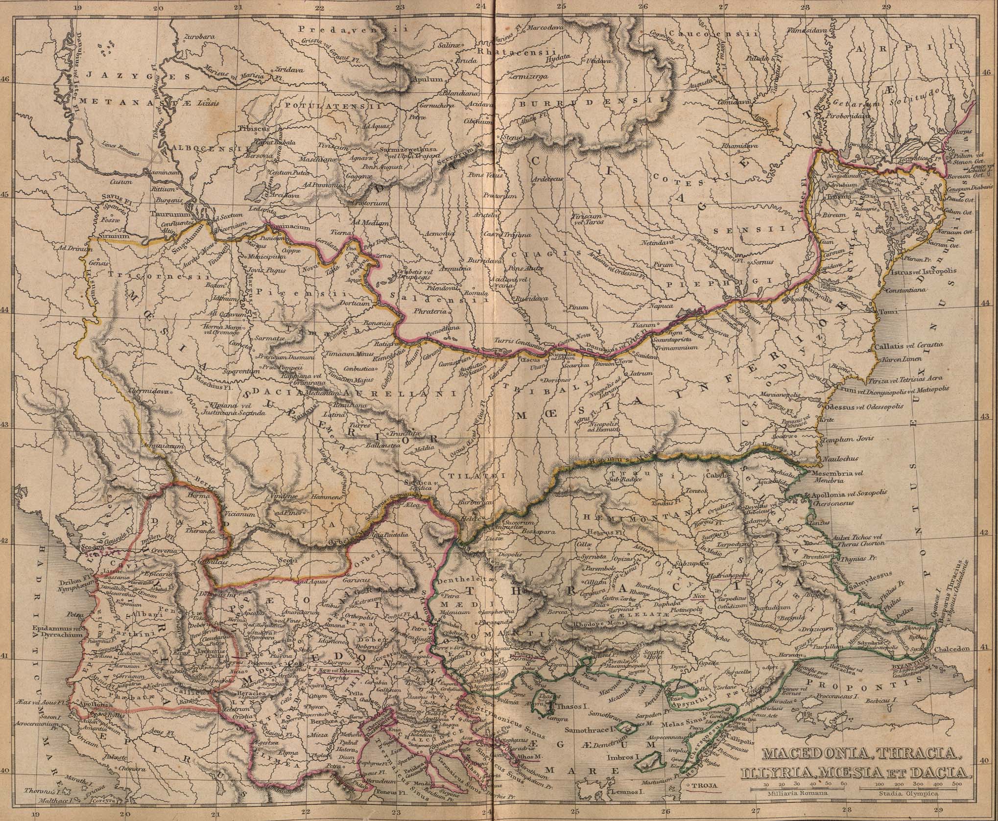 Historical Map of Balkan Macedonia, Thracia, Illyria, Moesia et Dacia [Ancient Balkans] (722K)Map from 'A Classical Atlas to Illustrate Ancient Geography' by Alexander G. Findlay, Harper and Brothers Publishers, New York, 1849.