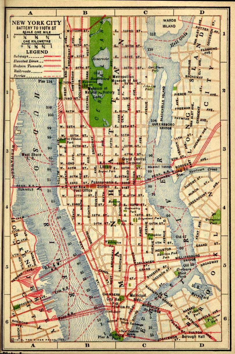 Historical Maps of U.S Cities. New York City (Battery to 110th Street), New York 1916 Rider's New York City, Henry Holt and Company, 1916 (386K) 