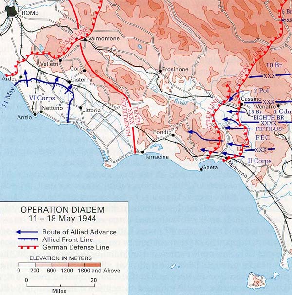 Historical Maps of World War II . Rome-Arno - Operation Diadem, 11 - 18 May 1944 From the Rome-Arno Campaign Brochure by Clayton D. Laurie (129K) 