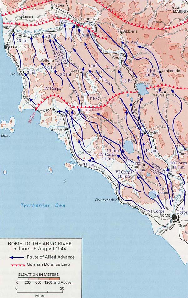 Historical Maps of World War II Rome-Arno - Rome to the Arno River, 5 June - 5 August 1944 From the Rome-Arno Campaign Brochure by Clayton D. Laurie (194K) 