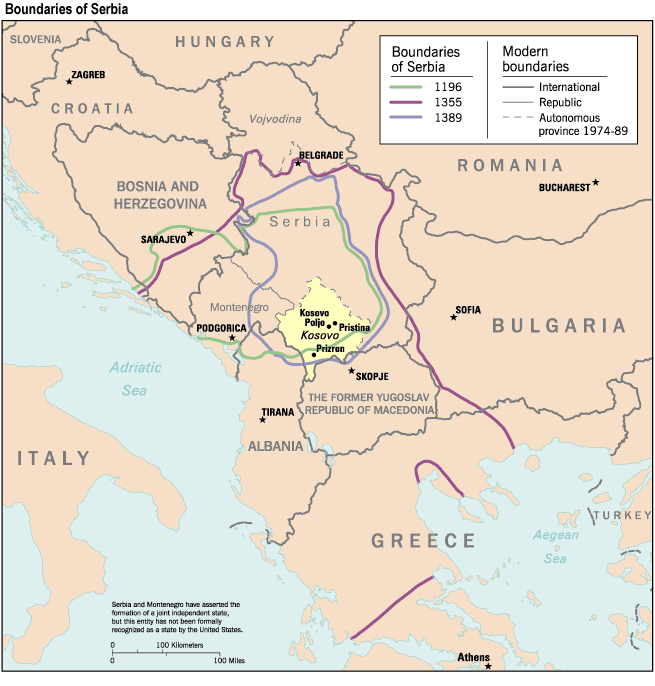 Historical Map of Balkan, Boundaries of Serbia [from 1196-present] (54K)
Map from 'Kosovo: History of a Balkan Hot Spot', U.S. Central Intelligence Agency, Office of DCI Interagency Balkan Task Force, June 1998. 