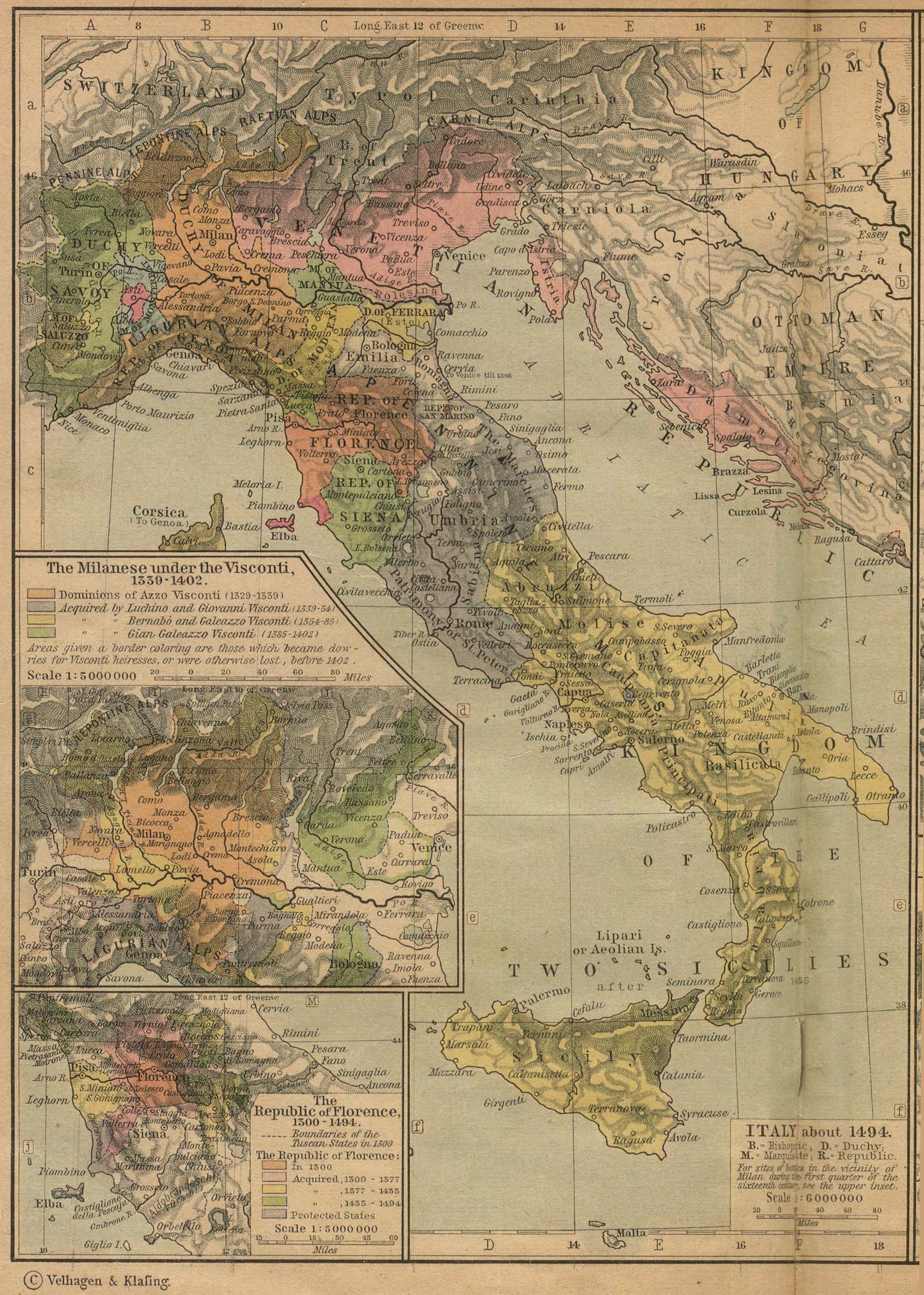 Historical Maps of Europe. Italy about 1494 (774K) Insets: The Milanese under the Visconti, 1339-1402. The Republic of Florence, 1300-1494. From The Historical Atlas by William R. Shepherd, 1923. 