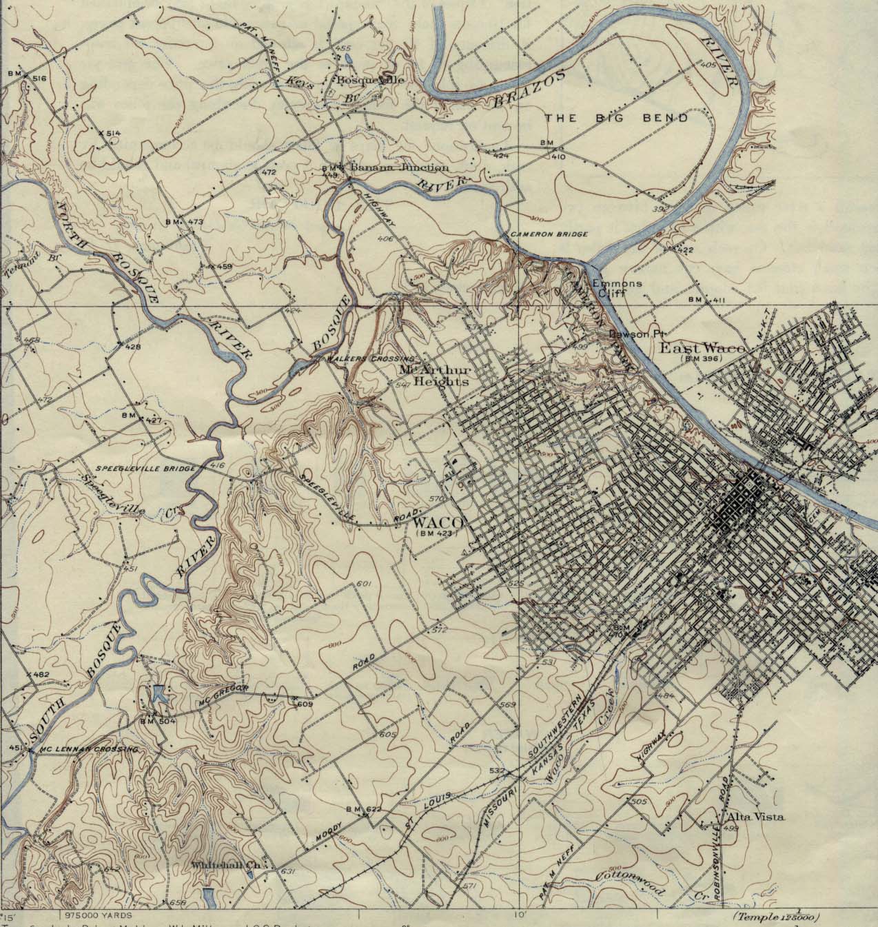 Historical Maps of Texas Cities. Waco 1931 [Topographic Map] Original Scale 1: 62,500. Portion of Texas Waco Quadrangle, U.S.G.S. 1931. (339K) 