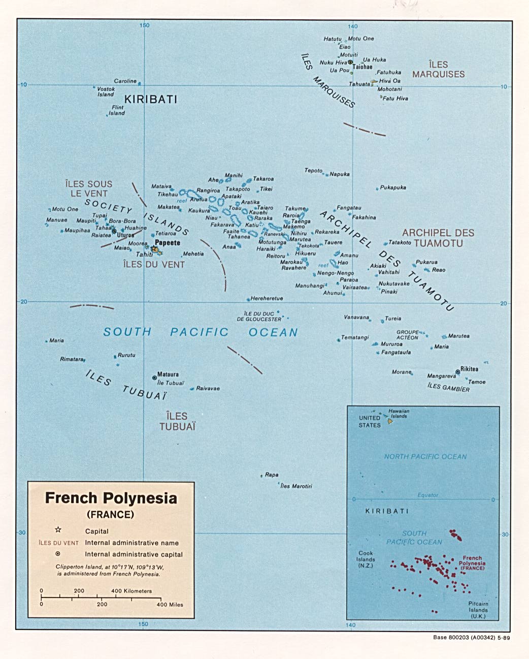 Map Of France, French Polynesia (Pacific Ocean) [Political Map] 1989 (190K) 