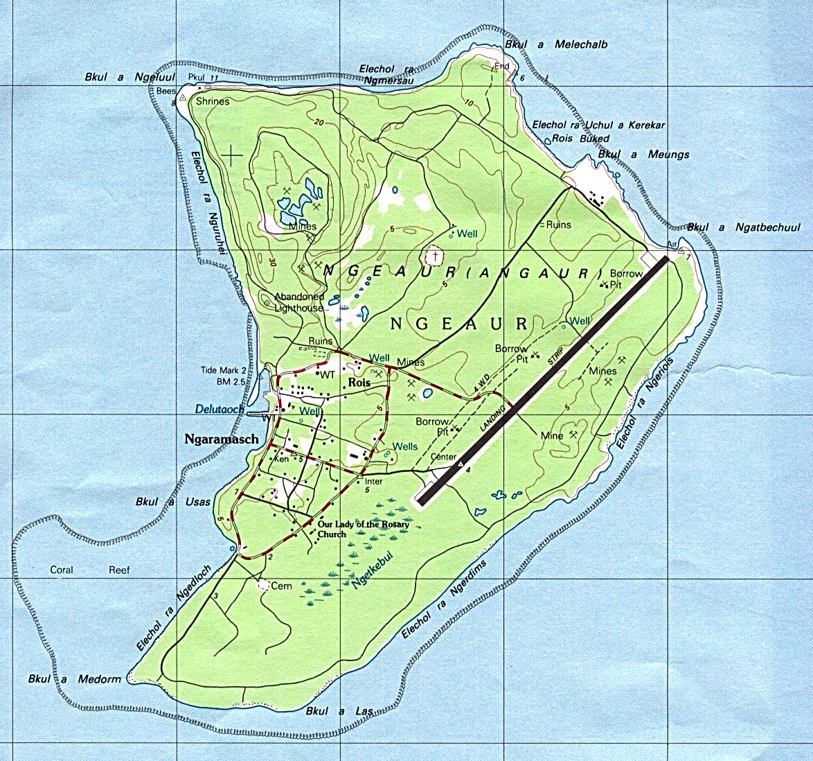 Map Of Palau , Palau - Angaur (Ngeaur) Island [Topographic Map] original scale 1:25,000. Portion of Beliliou sheet, U.S.G.S. 1984 (351K) 