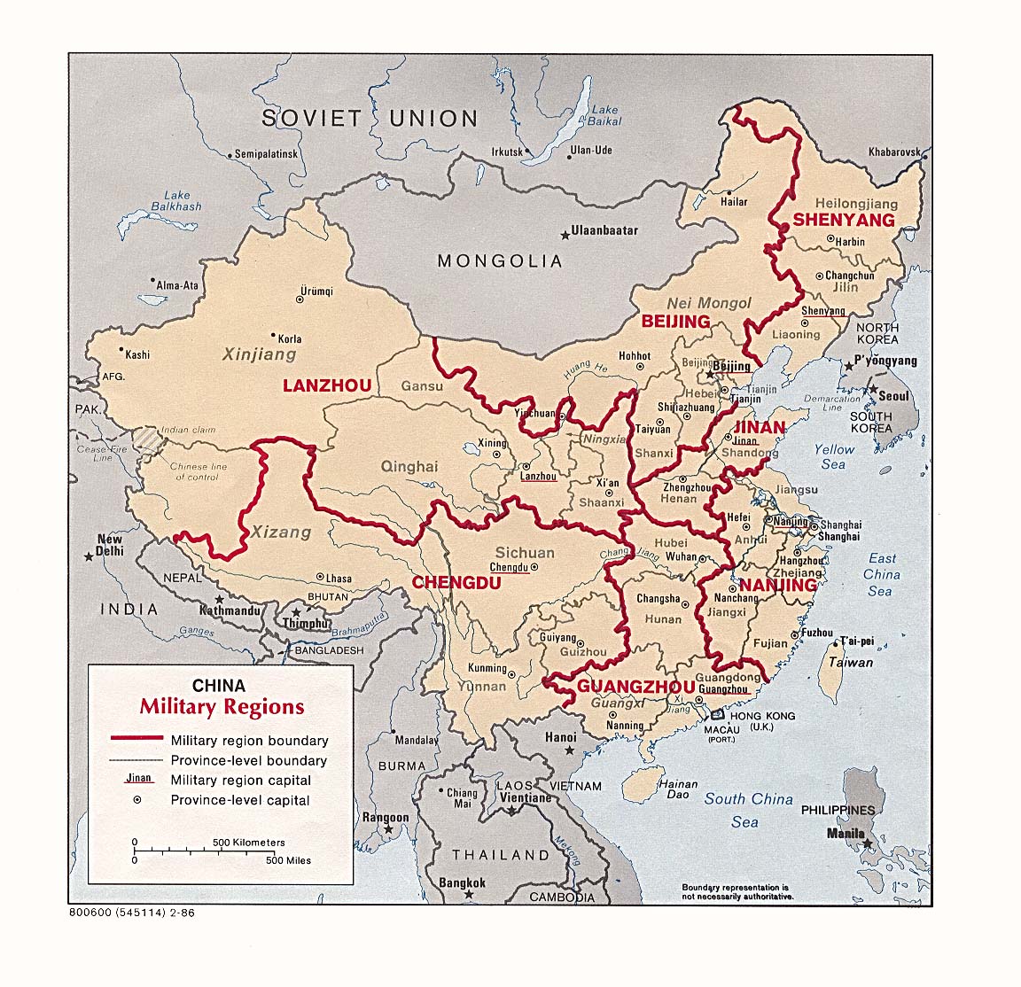 Map Of China , China Military Regions 1986 (284K) 