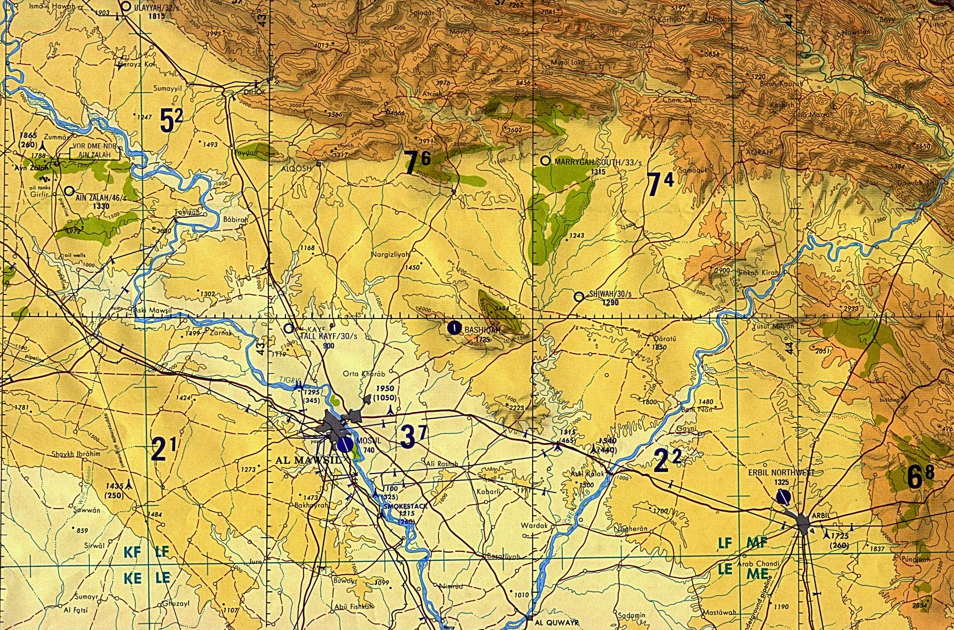 Map Of Iraq Al Mawsil [Mosul]-Arbil Region, Northern Iraq (tactical pilotage chart) original scale 1:500,000 Portion of Defense Mapping Agency TPC G-4B 1989 (927K) Not for navigational use 