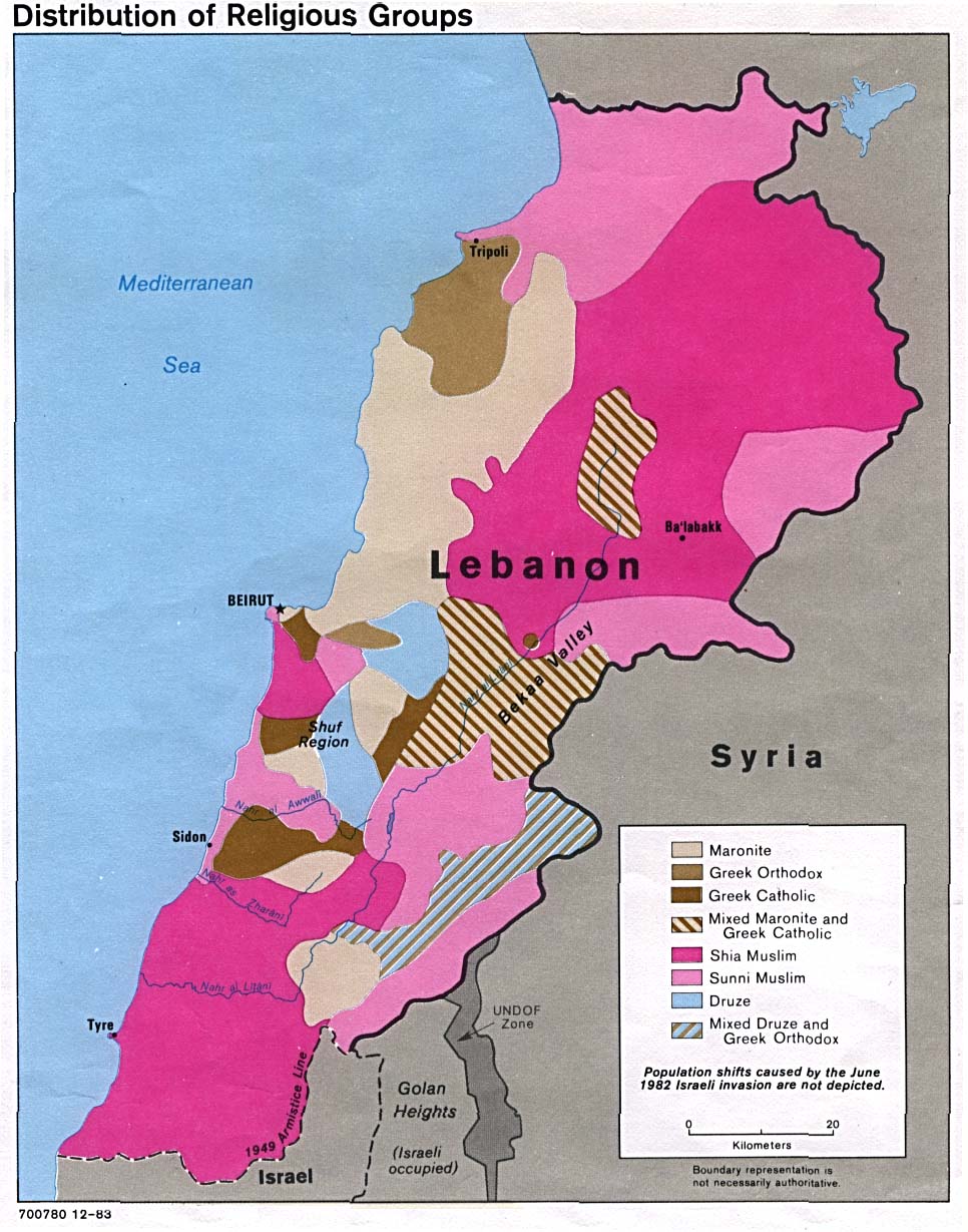 Map of Lebanon Lebanon - Distribution of Religious Groups 1983 (190K) 