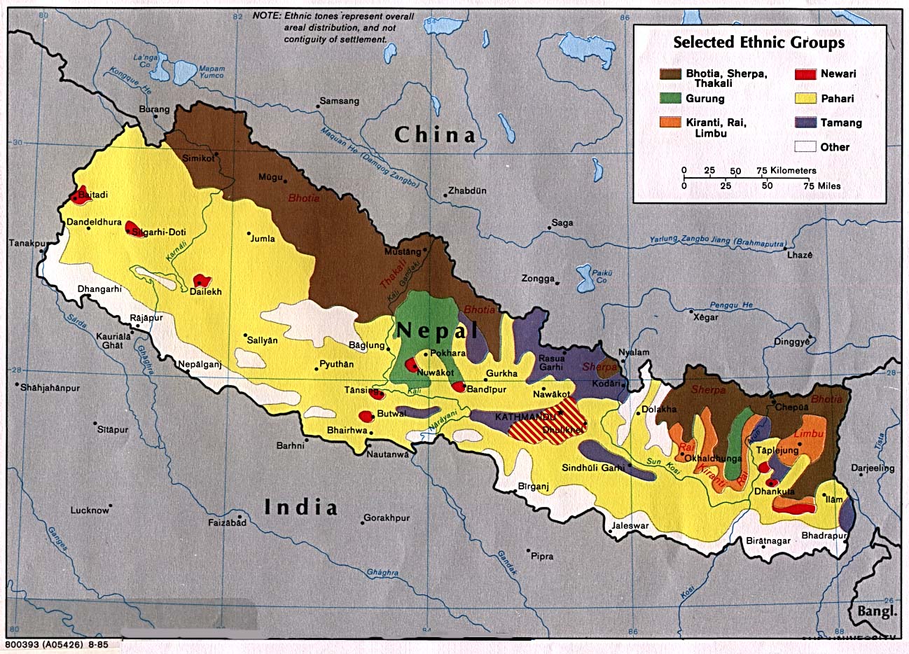 Map Of Nepal , Nepal (Selected Ethnic Groups) 1980 (297K) 