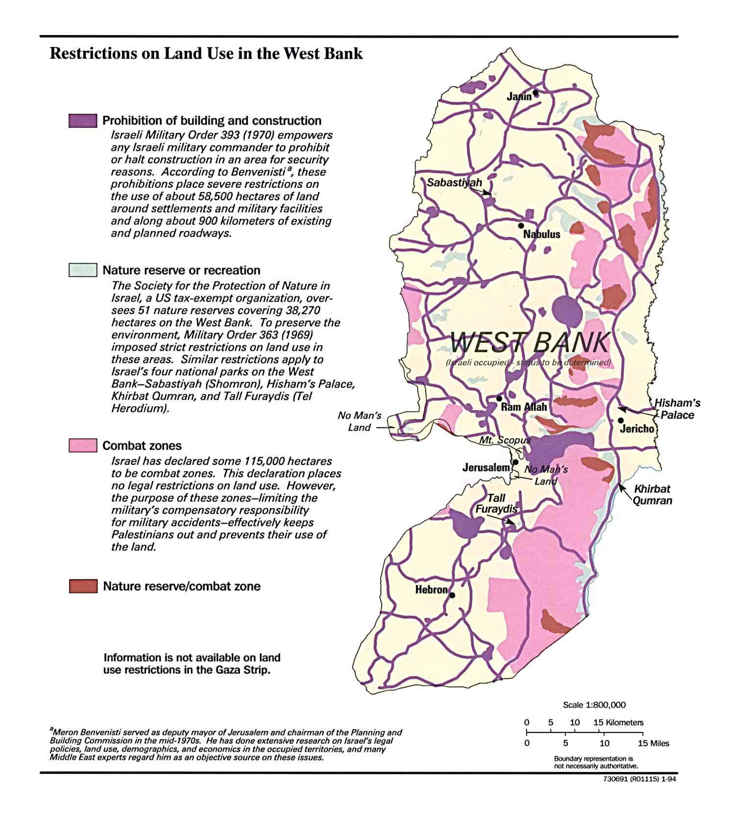 Map Of West Bank and Gaza Strip. West Bank, Restrictions on Land Use in December 1993 (191K) 