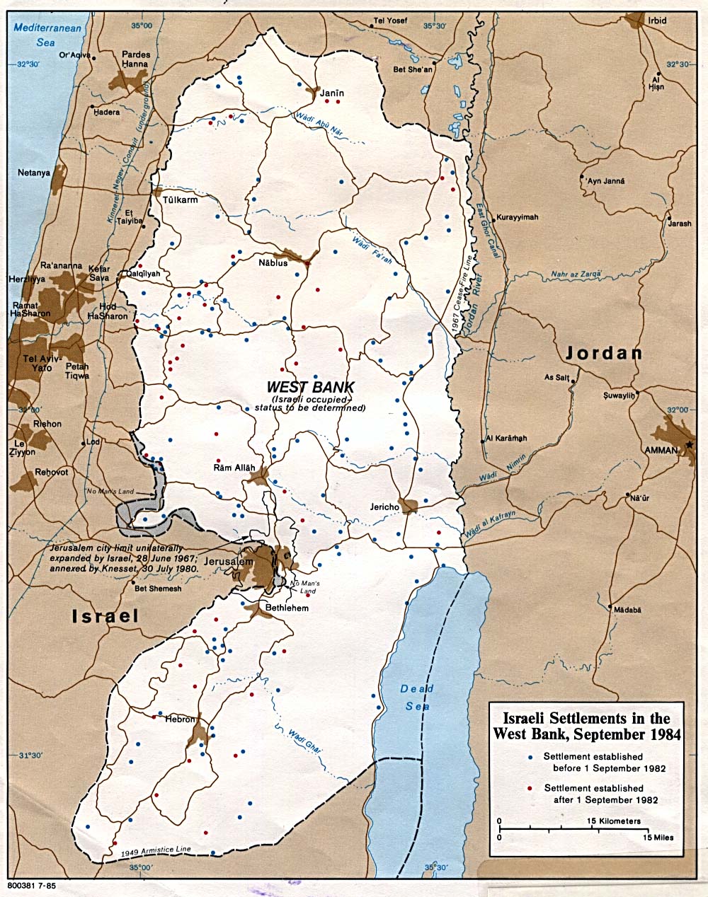 Map Of West Bank and Gaza Strip. Israeli Settlements in the West Bank 1985 (278K) 