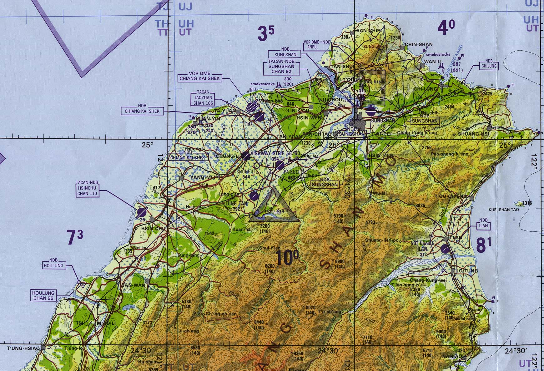 Map Of Taiwan, Northern Taiwan (Tactical Pilotage Chart) original scale 1:500,000 Portion of TPC H-12C, Defense Mapping Agency 1996 (486K) Not for navigational use 