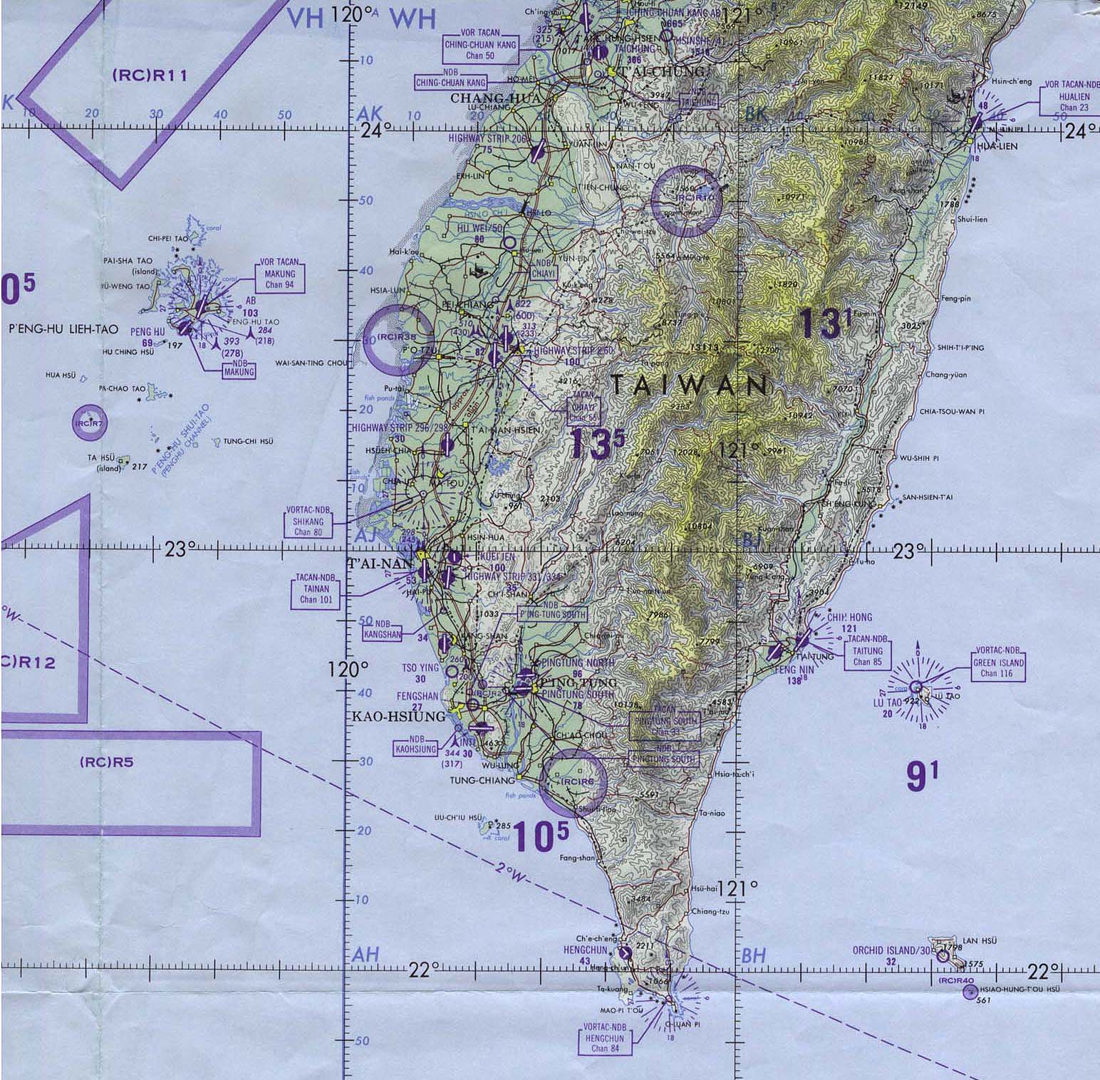 Map Of China , Taiwan - Southern Original scale 1:1,000,000. Portion of Operational Navigation Chart sheet ONC J-12, U.S. Defense Mapping Agency 1984 (400K) Not for navigational use 