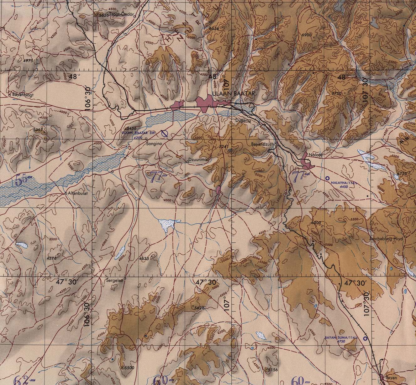 Map Of Mongolia , Ulaan Baatar [Ulan Bator] (tactical pilotage chart) original scale 1:500,000 Portion of Defense Mapping Agency TPC F-8A 1989 (645K) Not for navigational use 