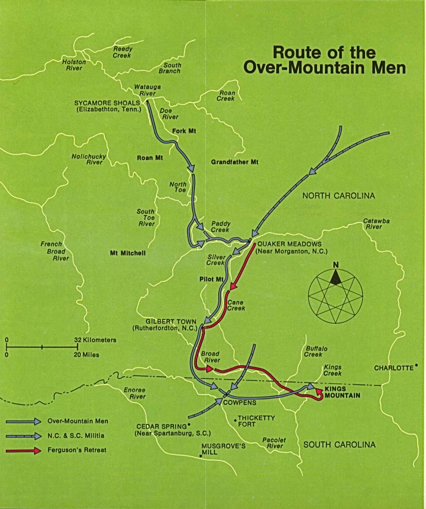  Maps of United States National Parks, Monuments and Historic Sites Kings Mountain National Military Park [North Carolina] (Route of the Over-Mountain men) (119K) 