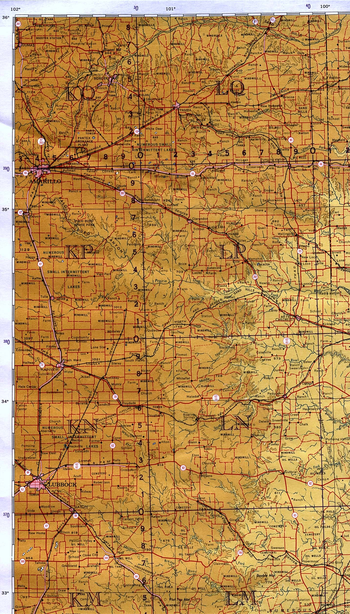 Maps of Texas, Texas - Panhandle - Amarillo, Lubbock and the Eastern Panhandle original scale 1:1,000,000 Portion of International Map of the World, sheet NI 14, U.S. Army Map Service, 1961 (968K)