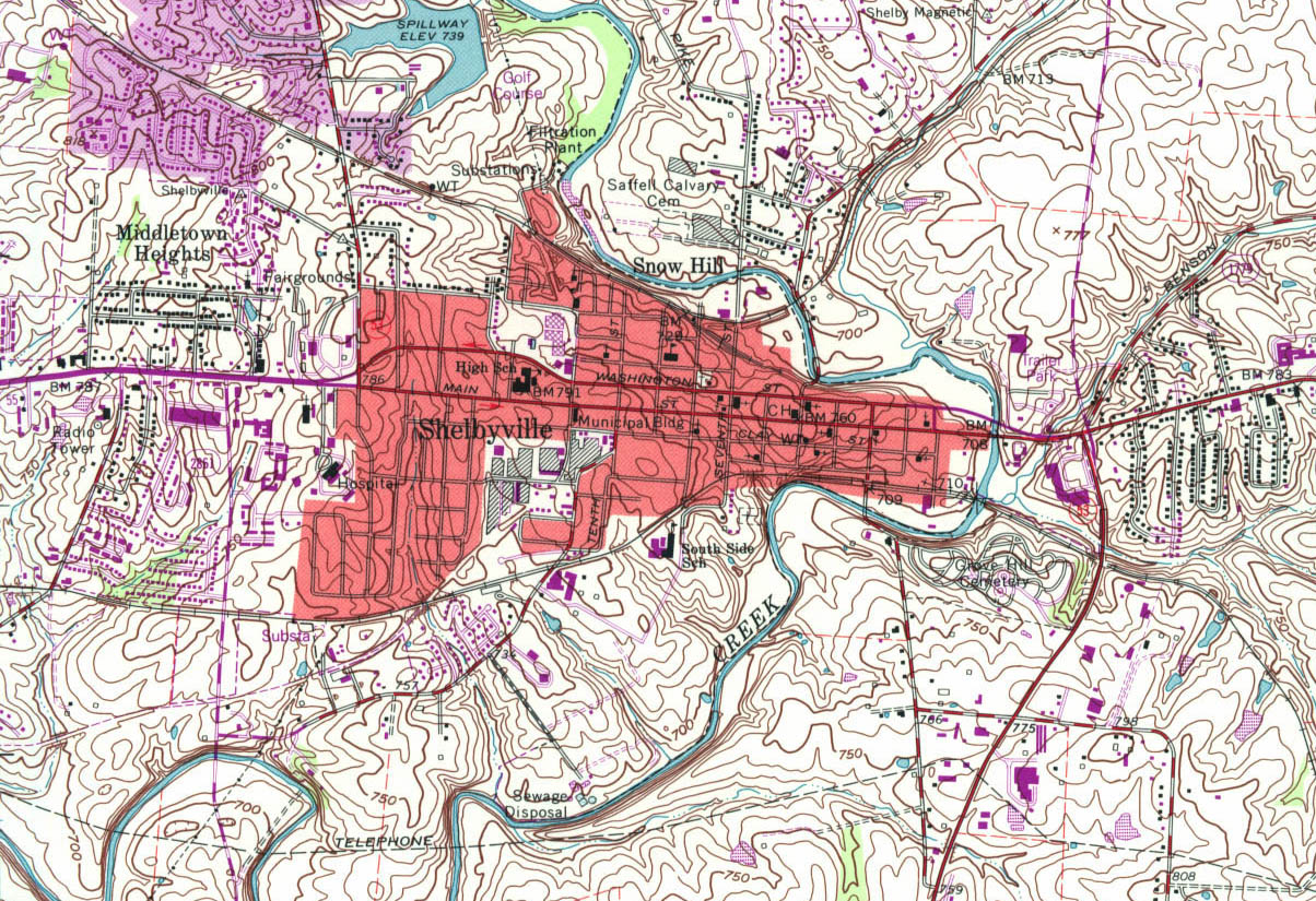  Maps of Kentucky. Shelbyville [Topographic Map] original Scale 1:24,000 U.S.G.S. 1965, revised 1993 (516K) 