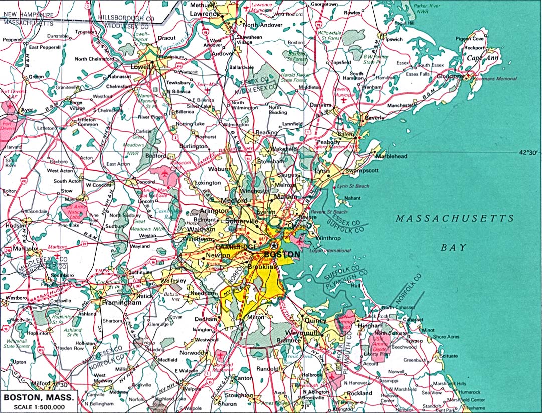 Maps of Massachusetts . Boston original scale 1:500,000 U.S. National Atlas 1970 (308K) 