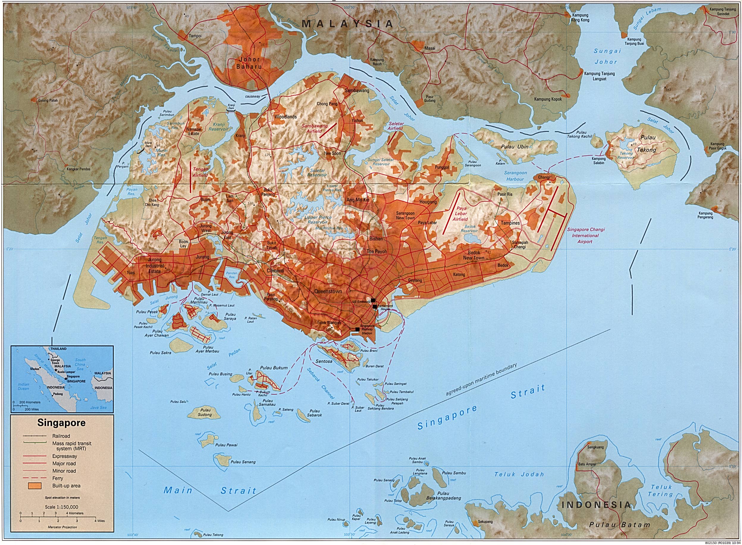 Map Of Singapore , Singapore [Shaded Relief Map] original scale 1:150,000 CIA 1994 (850K)