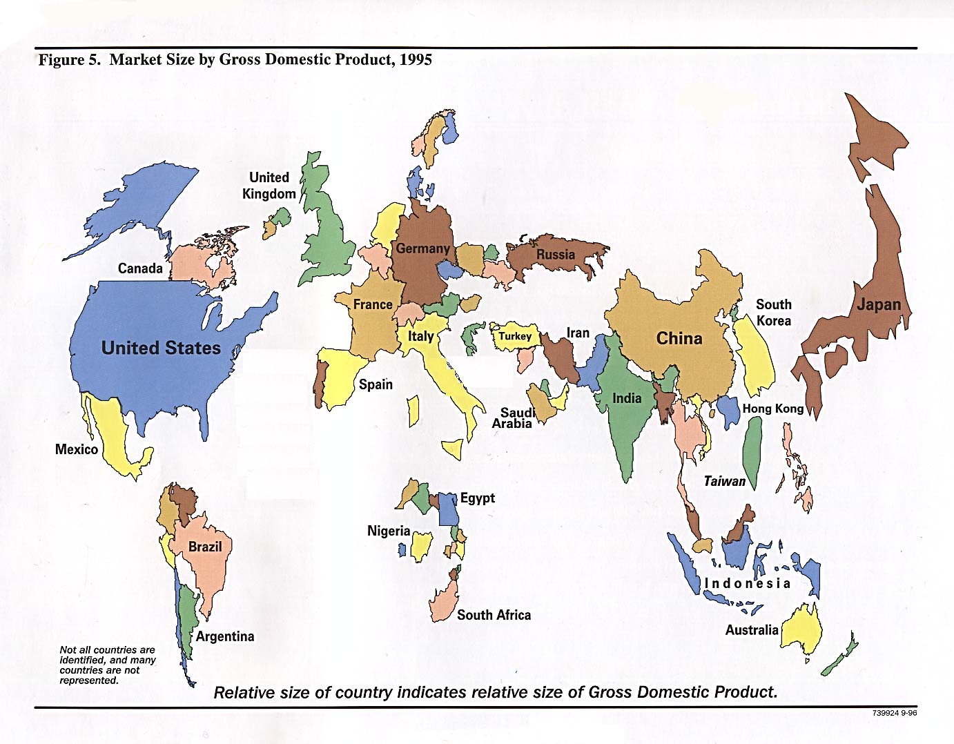 Map Of The World. World Market Size By Gross Domestic Product 1996 (215K) from Handbook of International Economic Statistics 