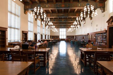 large reading room with natural light and tall ceilings