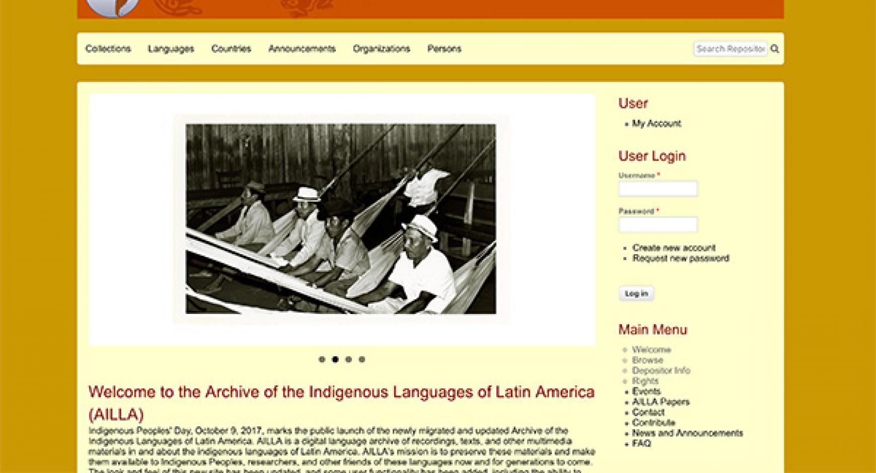 Screenshot of AILLA log in page with descriptive text on Indigenous People's Day.