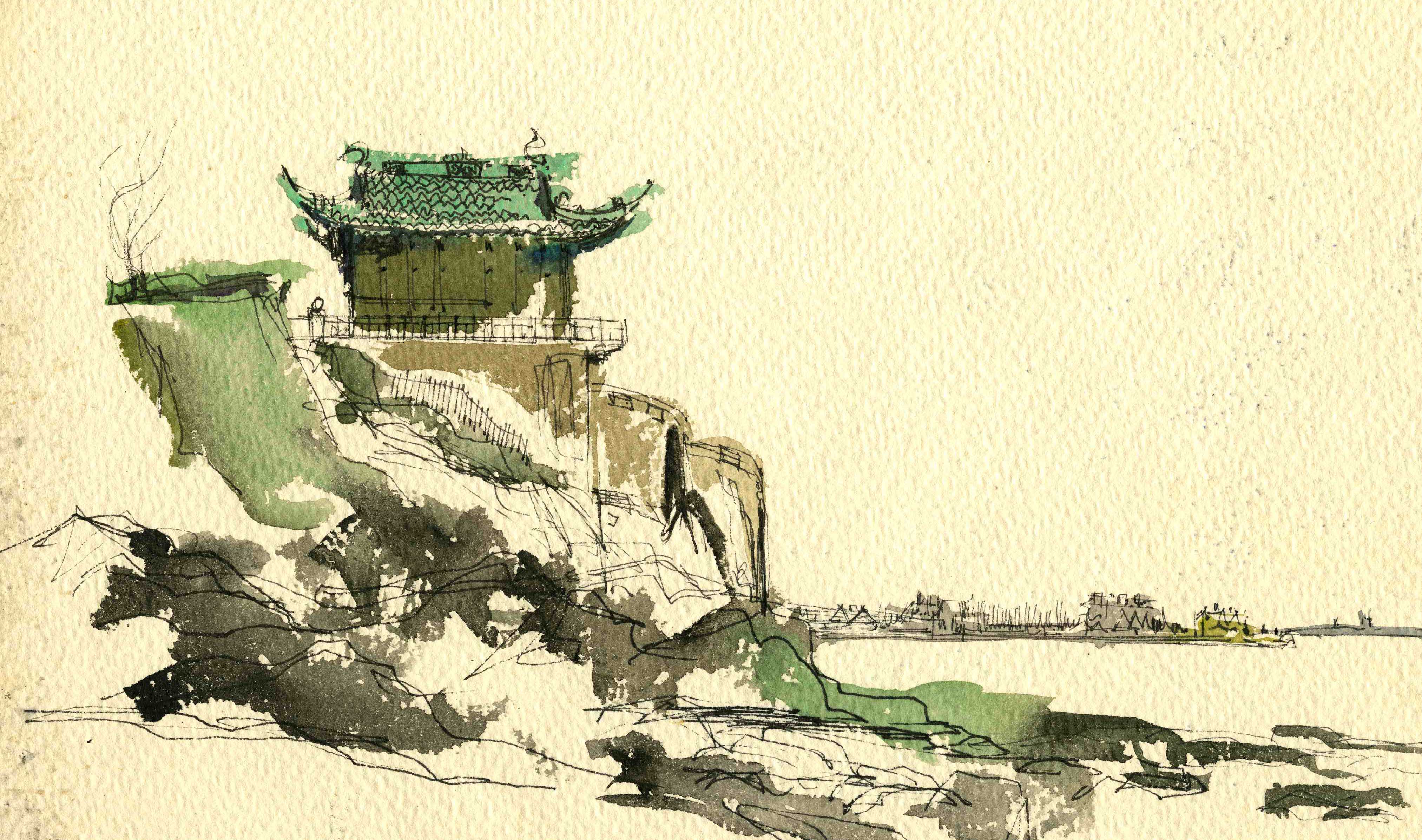 Image is of a Charles W. Moore watercolor of a temple.