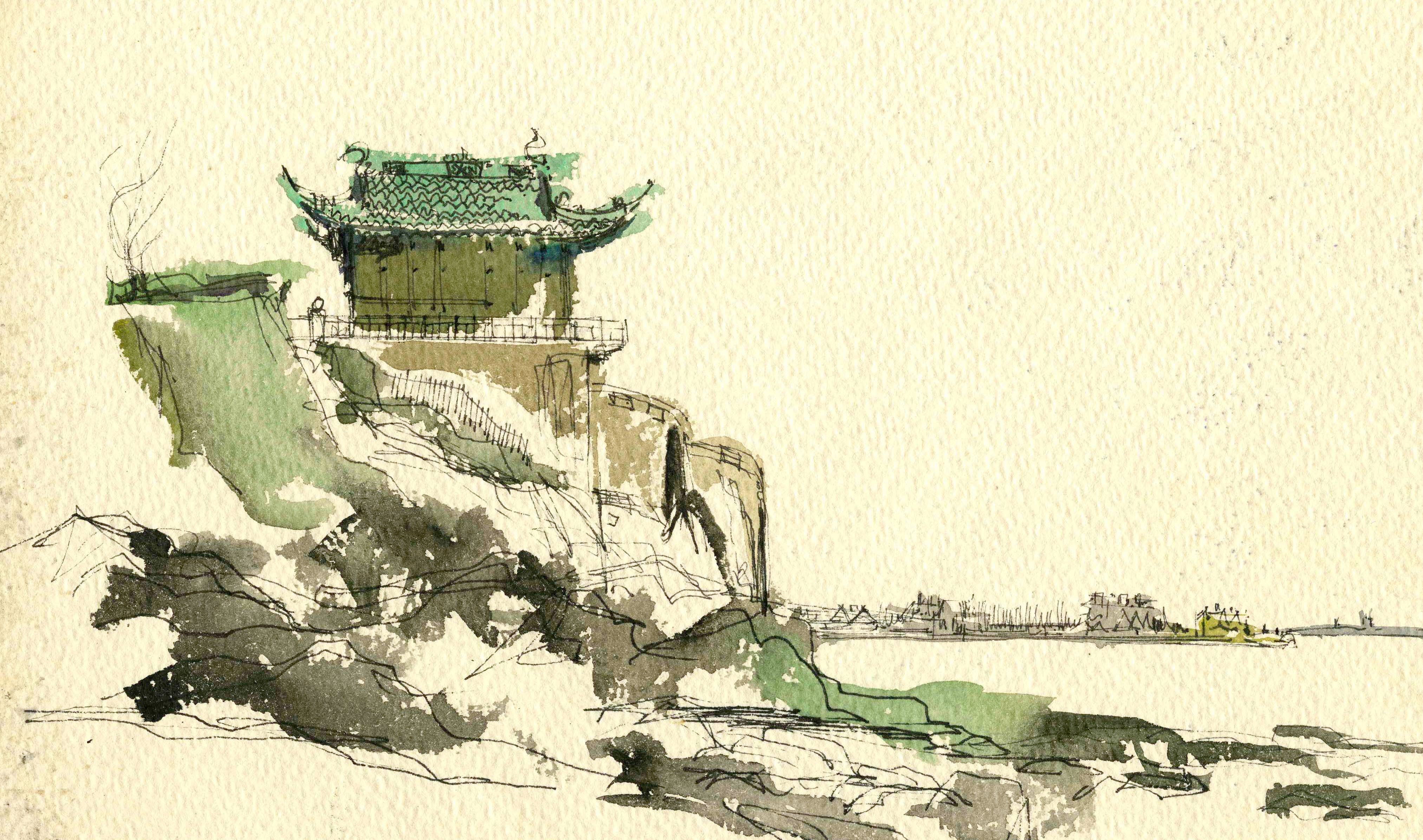 Image is of a Charles W. Moore watercolor of a temple.